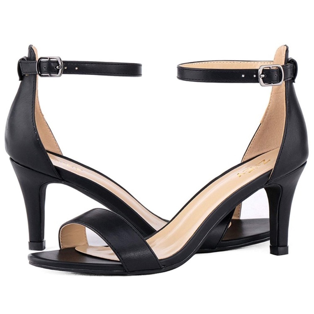 BLACK LEATHER woman’s ankle strap open toe heels